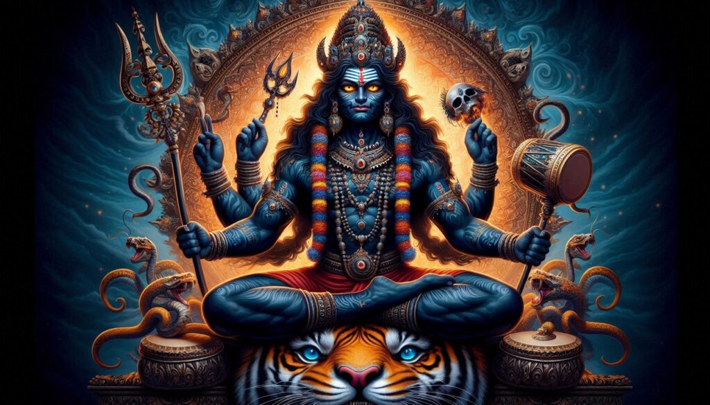 Art depicting a multi-armed figure with a tiger, trident, drum, and serpents on an ornate background.