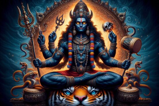 Art depicting a multi-armed figure with a tiger, trident, drum, and serpents on an ornate background.