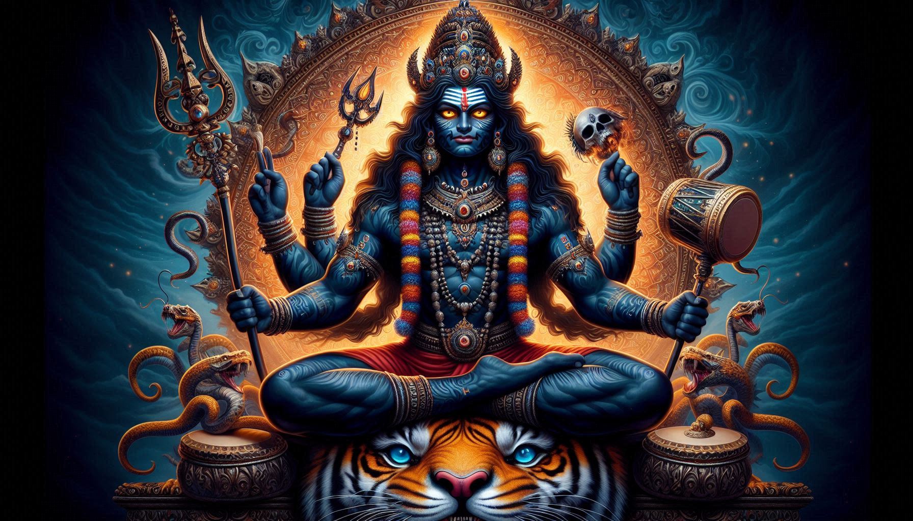 Art depicting a multi-armed figure with a tiger, trident, drum, and serpents on an ornate background.