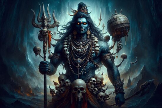 A multi-armed figure with ornate jewelry and weapons against a moody, supernatural backdrop.