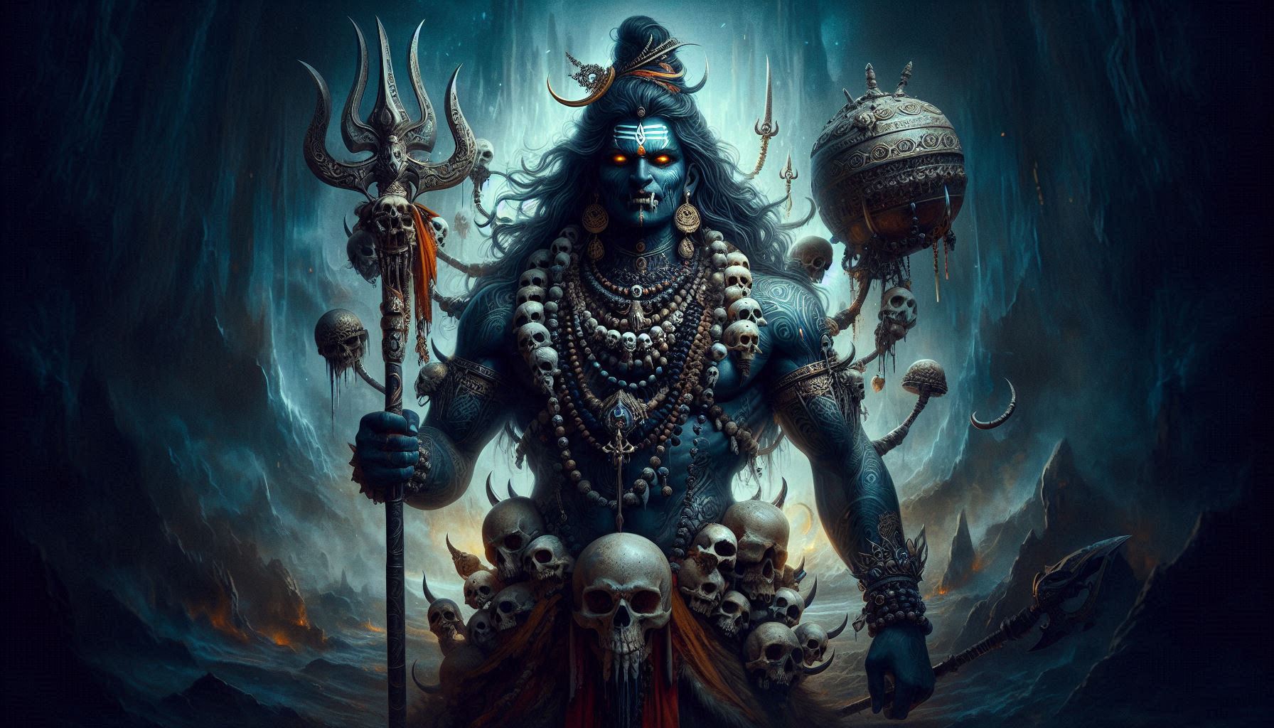 A multi-armed figure with ornate jewelry and weapons against a moody, supernatural backdrop.