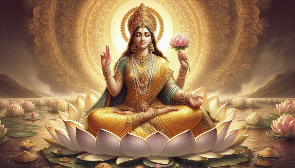 Goddess Parvati depicted, representing wealth and prosperity, in the context of the Gauri Tapo Vrat festival.