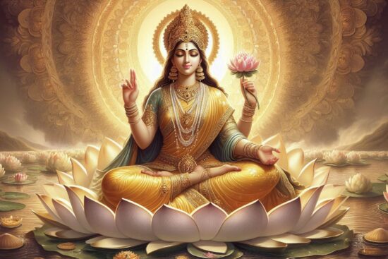 Goddess Parvati depicted, representing wealth and prosperity, in the context of the Gauri Tapo Vrat festival.