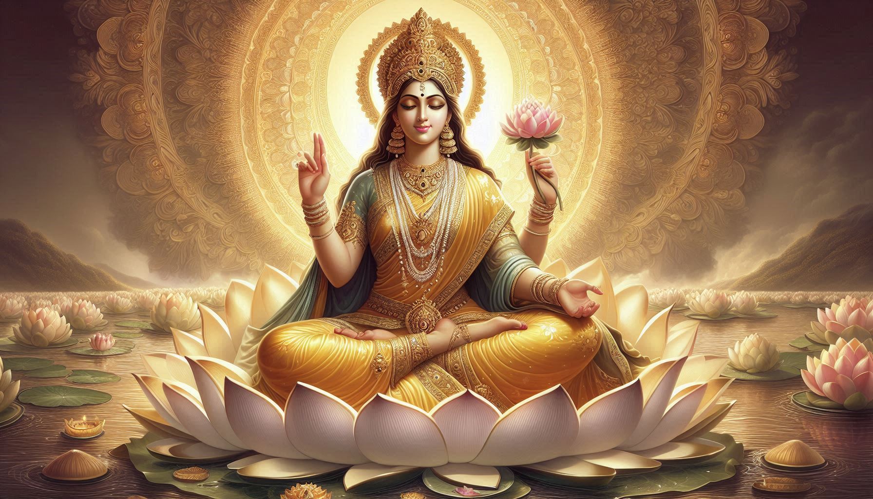 Goddess Parvati depicted, representing wealth and prosperity, in the context of the Gauri Tapo Vrat festival.