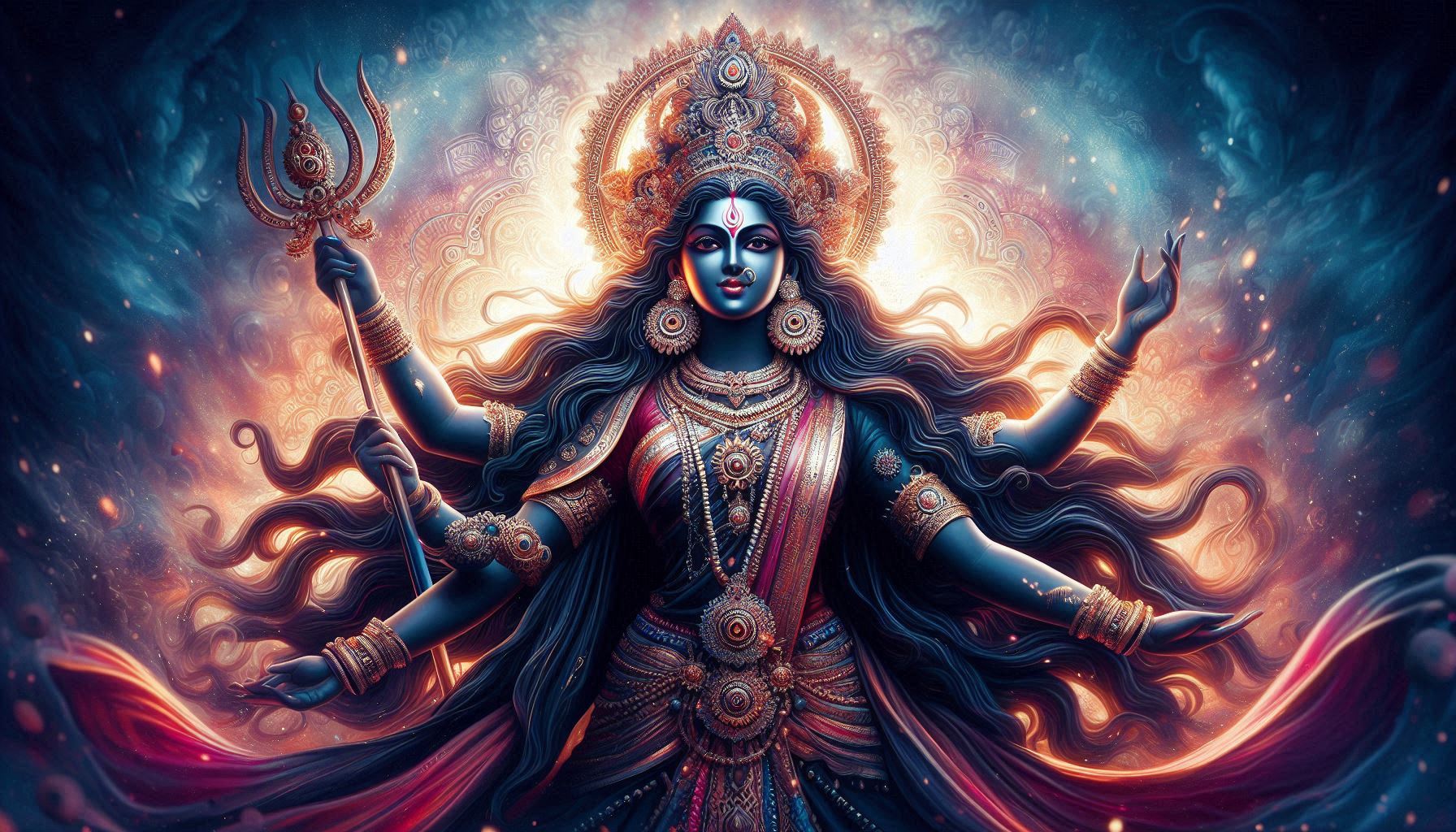 An artistic representation of the Hindu goddess, highlighting her grace and the vibrant colors of her traditional garments.