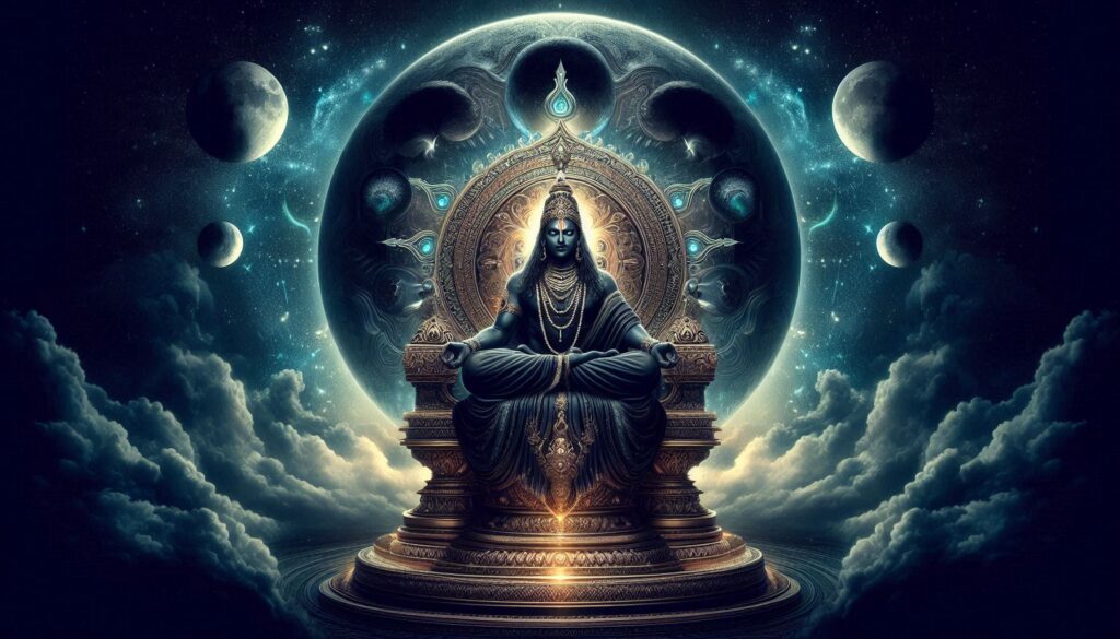 A dark lord seated on a throne, enveloped by ominous clouds, exuding an aura of power and mystery.