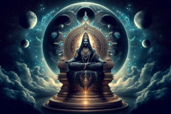 A dark lord seated on a throne, enveloped by ominous clouds, exuding an aura of power and mystery.