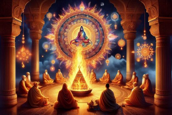 People stand together around a glowing fire, representing connection and devotion in a communal gathering.