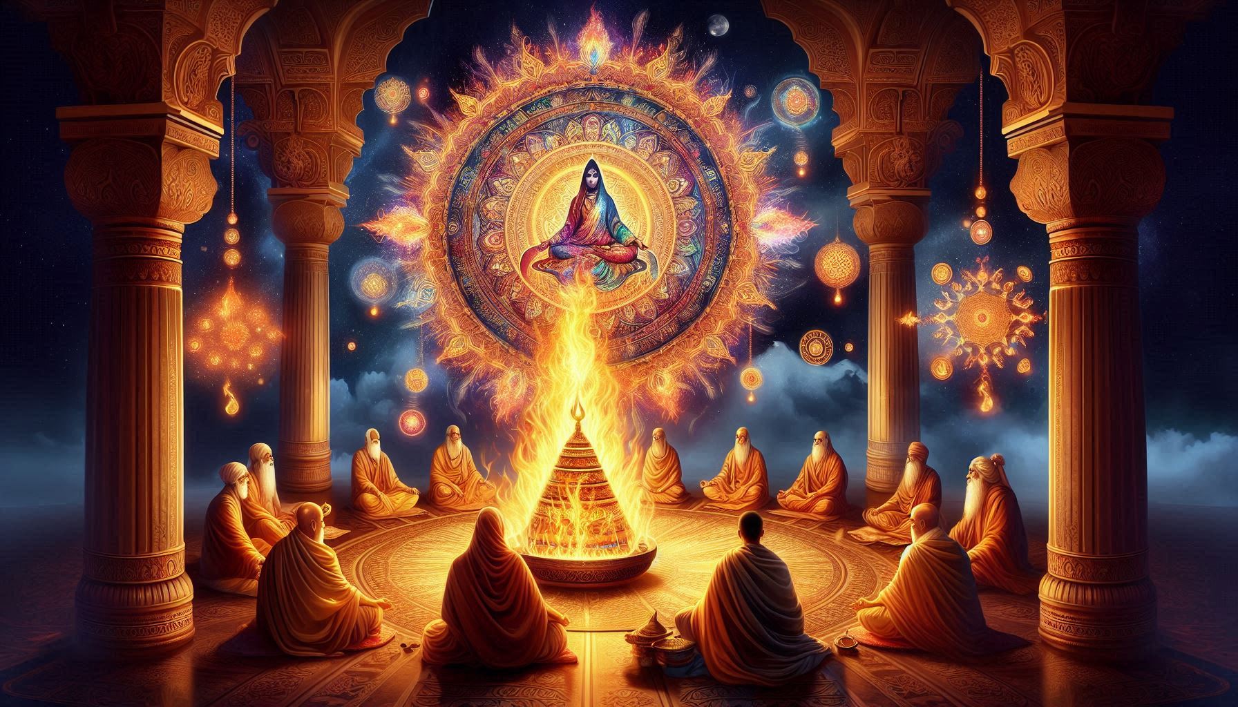 People stand together around a glowing fire, representing connection and devotion in a communal gathering.