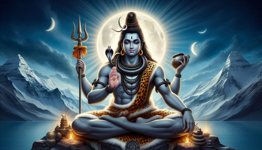 A serene illustration of a meditating figure with four arms against a backdrop of snowy mountains and the moon.