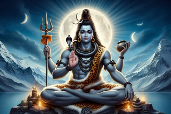 A serene illustration of a meditating figure with four arms against a backdrop of snowy mountains and the moon.