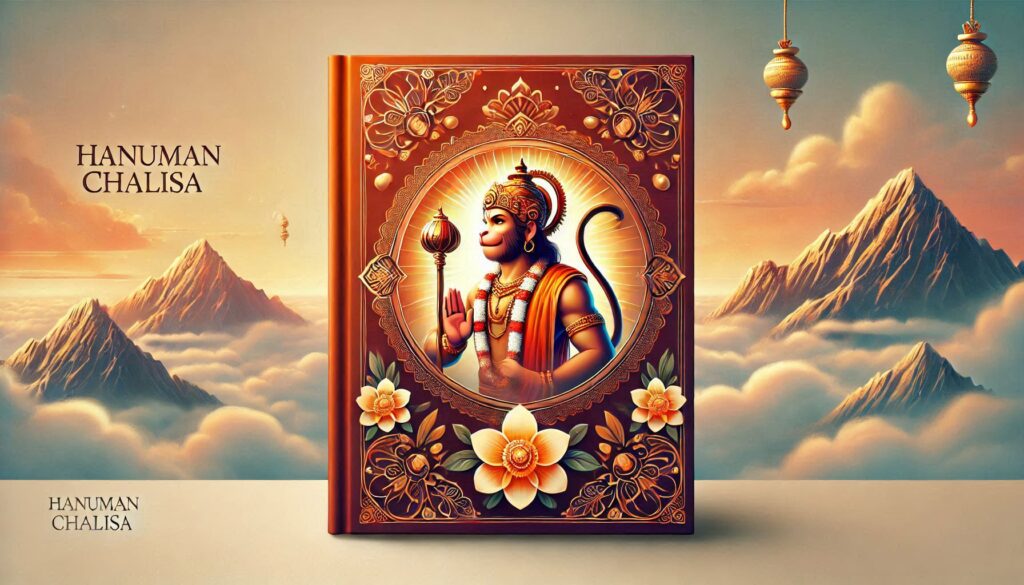 A decorative cover of the Hanuman Chalisa book featuring an illustration of Hanuman against a mountain landscape backdrop with floating ornaments.