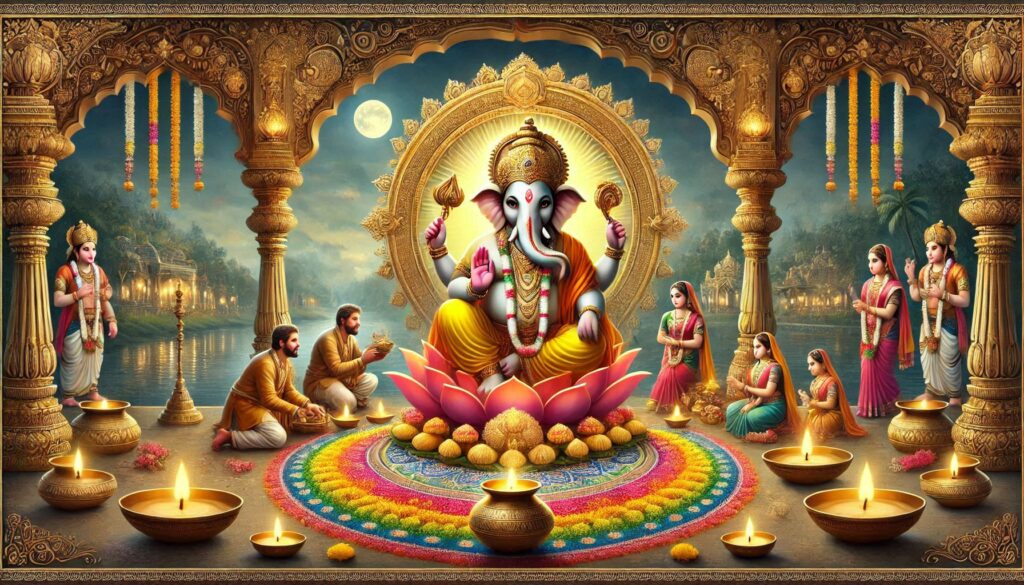 A vibrant wallpaper featuring Lord Ganesh, adorned with intricate designs and rich colors, symbolizing wisdom and prosperity.