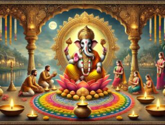 A vibrant wallpaper featuring Lord Ganesh, adorned with intricate designs and rich colors, symbolizing wisdom and prosperity.