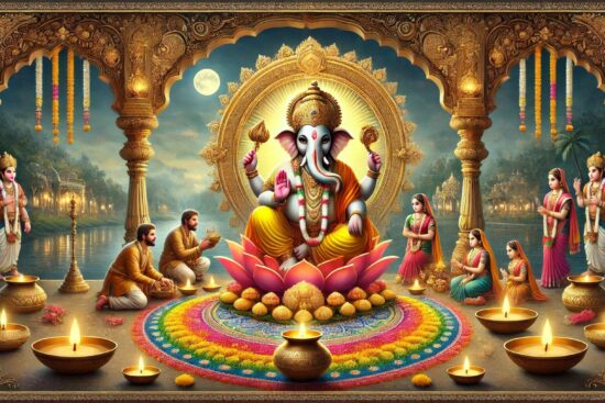 A vibrant wallpaper featuring Lord Ganesh, adorned with intricate designs and rich colors, symbolizing wisdom and prosperity.