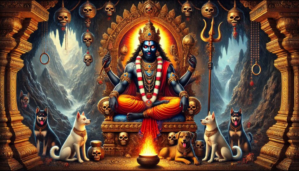 Lord Bhairav surrounded by dogs and cats in a serene temple setting, embodying harmony and compassion in nature.