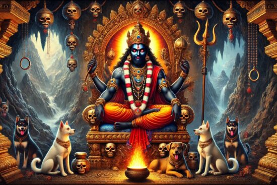 Lord Bhairav surrounded by dogs and cats in a serene temple setting, embodying harmony and compassion in nature.