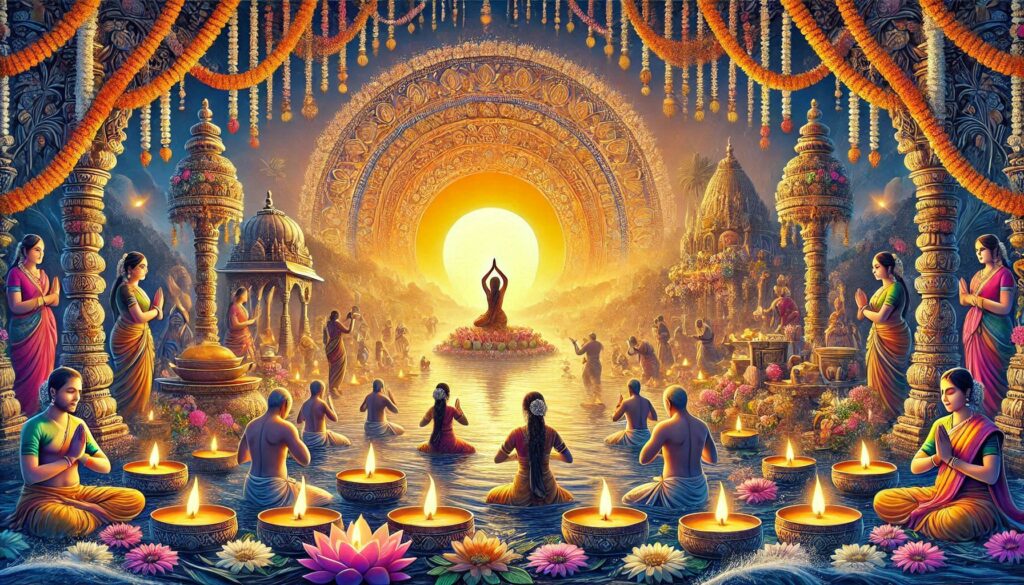Vibrant depiction of Indian festival art showcasing colorful decorations, traditional attire, and cultural festivities.