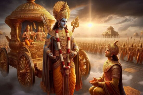 A celestial depiction of Lord Krishna in his chariot soaring through the sky, embodying strength and divinity amidst the clouds.