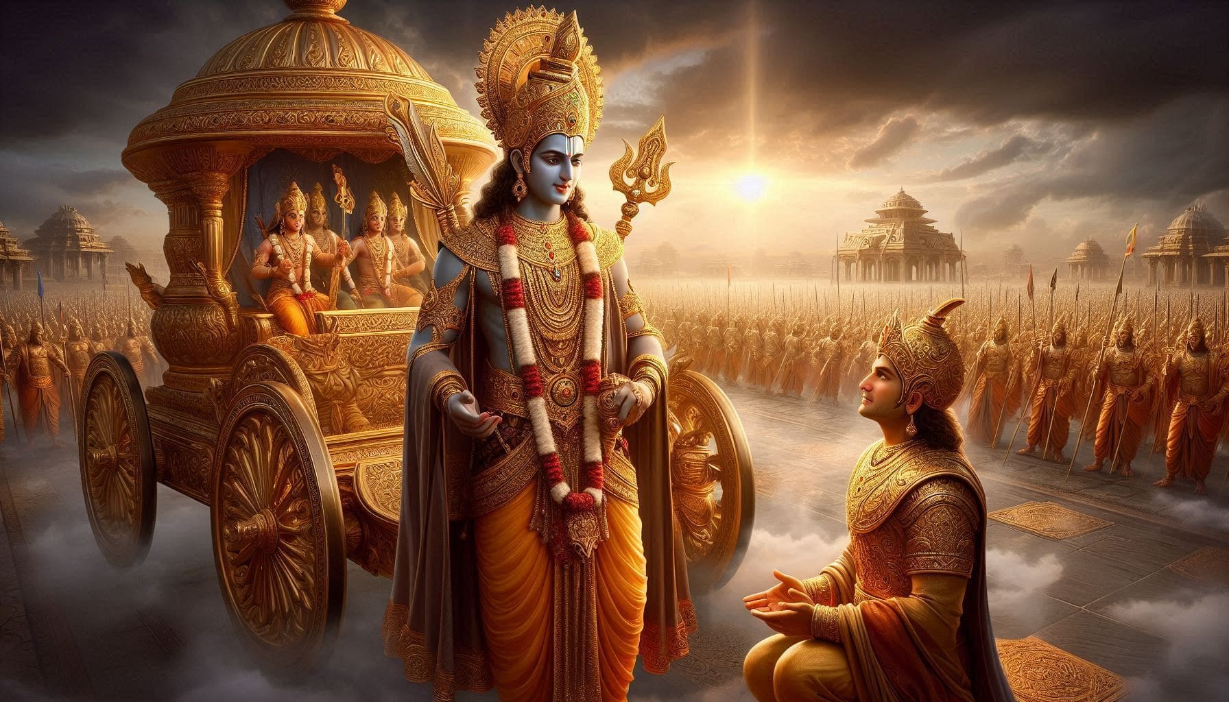 A celestial depiction of Lord Krishna in his chariot soaring through the sky, embodying strength and divinity amidst the clouds.