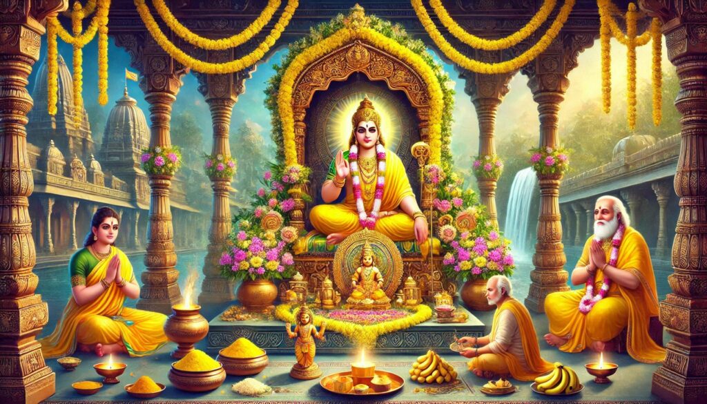 A Hindu god seated gracefully in front of a majestic temple, embodying serenity and divine presence.