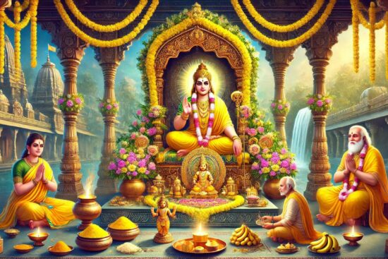 A Hindu god seated gracefully in front of a majestic temple, embodying serenity and divine presence.