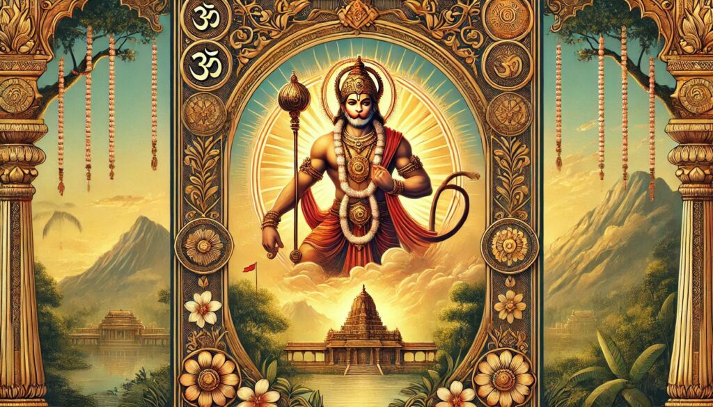 Artwork of a Hindu deity with an elephant head, ornate headdress, and traditional attire, against a temple backdrop.