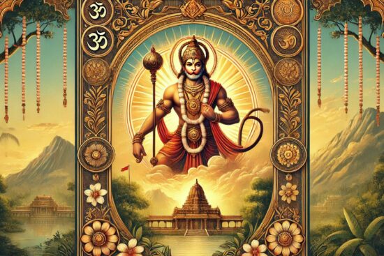 Artwork of a Hindu deity with an elephant head, ornate headdress, and traditional attire, against a temple backdrop.