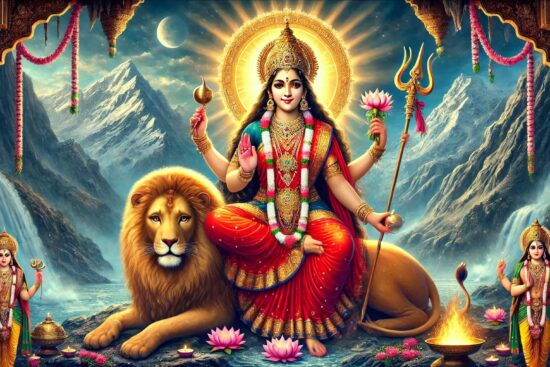 A depiction of a multi-armed goddess with lotus, trident, and lion in a mountainous backdrop.
