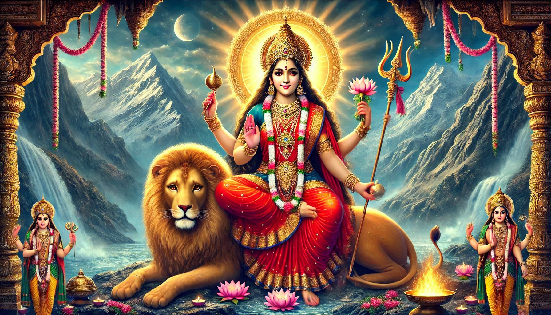 A depiction of a multi-armed goddess with lotus, trident, and lion in a mountainous backdrop.
