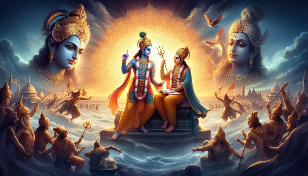 A vibrant illustration featuring Lord Krishna and Lord Vishnu, symbolizing harmony and spirituality in a celestial landscape.