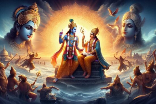 A vibrant illustration featuring Lord Krishna and Lord Vishnu, symbolizing harmony and spirituality in a celestial landscape.