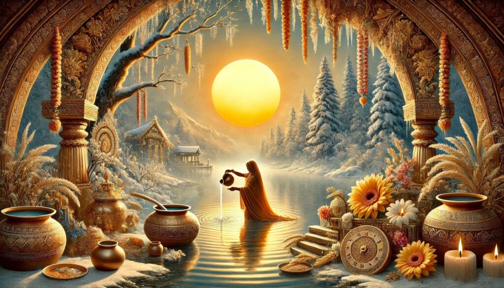 A woman stands by a river, bathed in sunlight, with a serene landscape in the background.