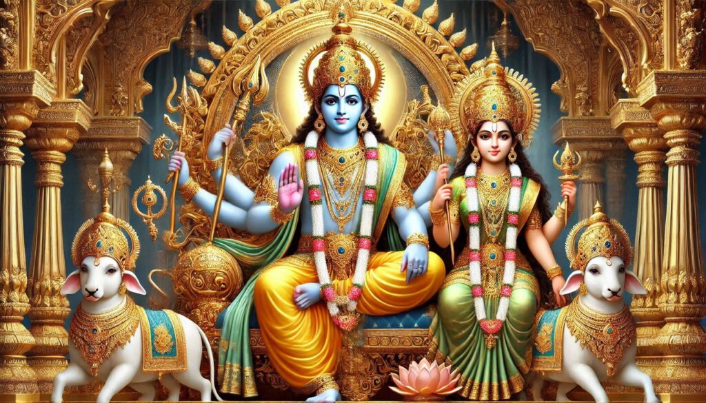 Ornate Hindu deities statues adorned with golden jewelry and attire, flanked by white bulls.