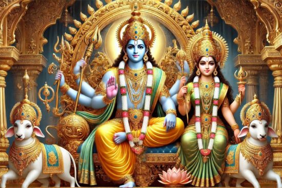 Ornate Hindu deities statues adorned with golden jewelry and attire, flanked by white bulls.