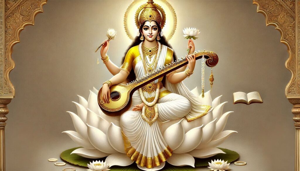 An illustration of a four-armed deity seated on a lotus, holding a veena, with lotus flowers and an open book.