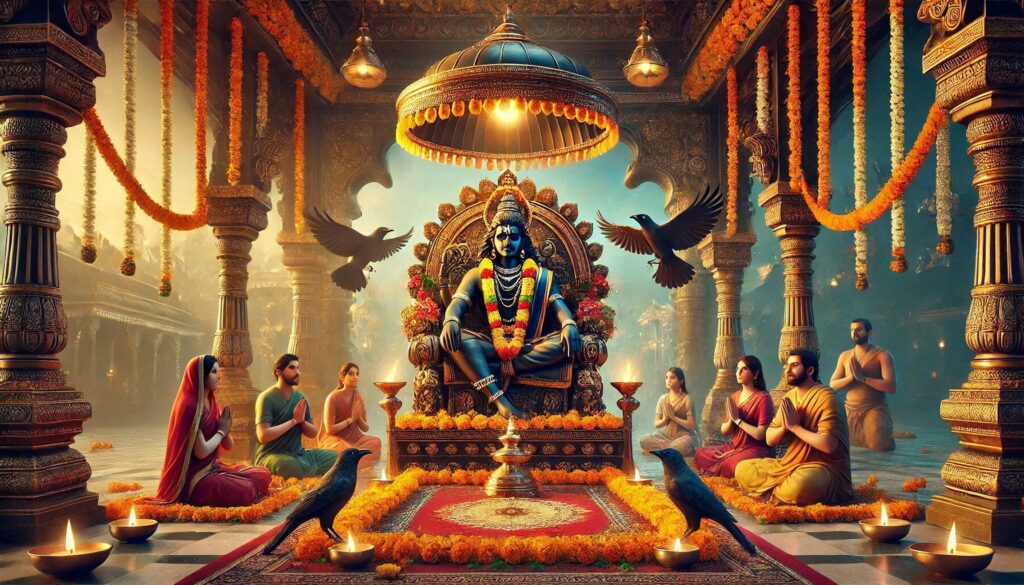 Ornate temple interior with a central deity sculpture, devotees in prayer, crow, and oil lamps.