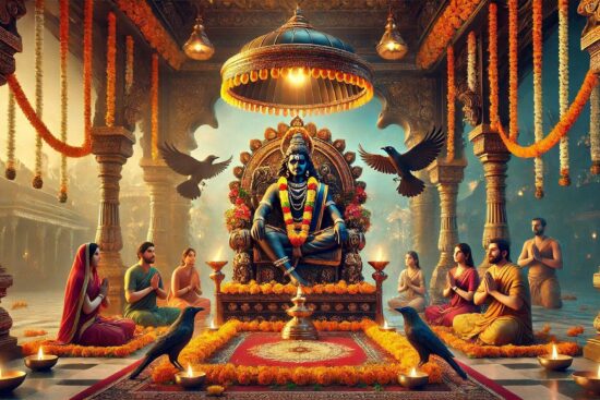 Ornate temple interior with a central deity sculpture, devotees in prayer, crow, and oil lamps.