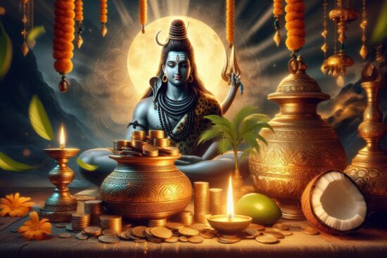 Lord Shiva seated on a wooden chair, surrounded by coconut and gold coins, exuding an aura of prosperity and divinity.