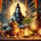 Lord Shiva seated on a wooden chair, surrounded by coconut and gold coins, exuding an aura of prosperity and divinity.