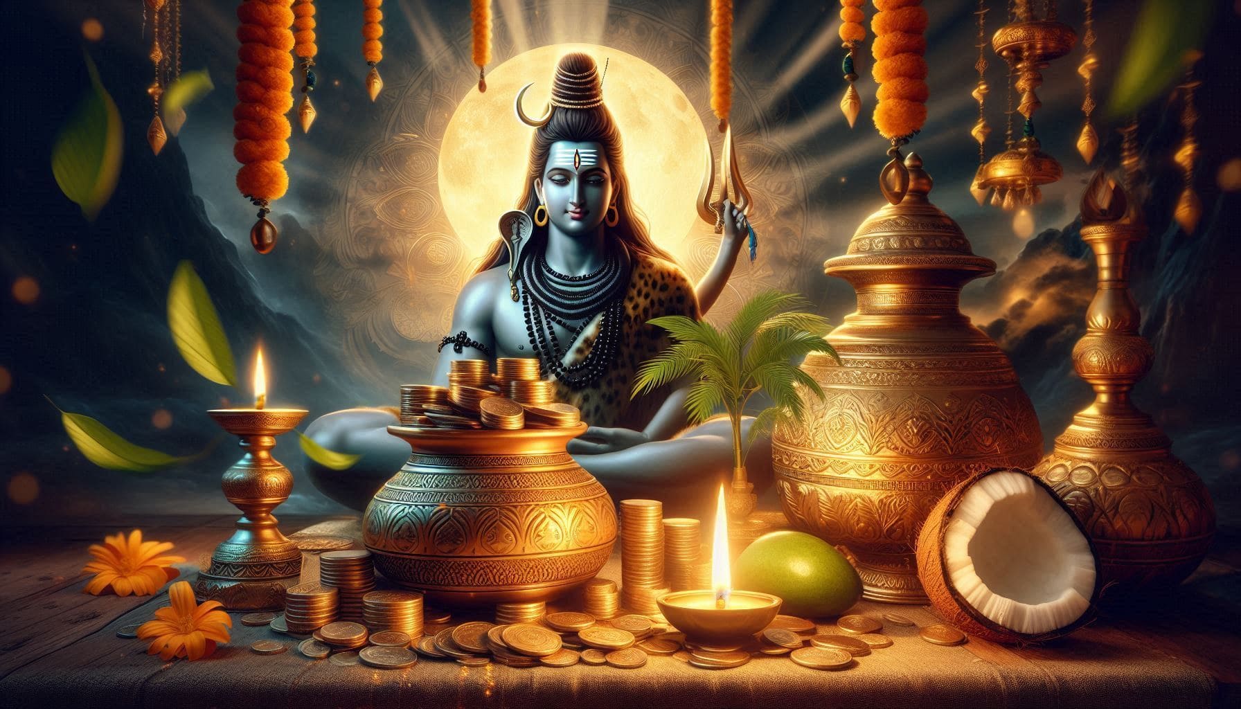Lord Shiva seated on a wooden chair, surrounded by coconut and gold coins, exuding an aura of prosperity and divinity.