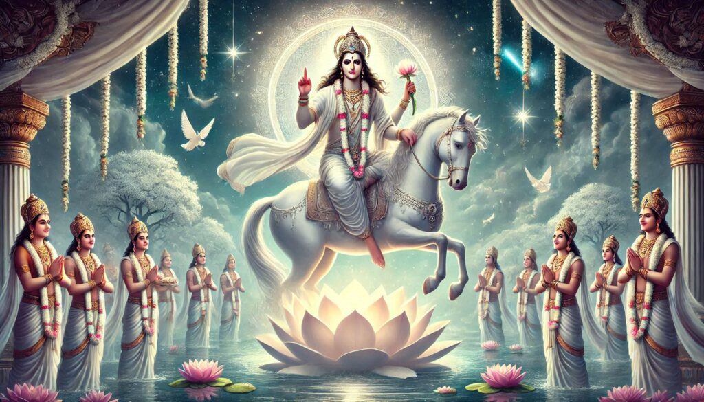 Lord Shiva majestically rides a white horse, surrounded by vibrant lotus flowers in a serene setting.