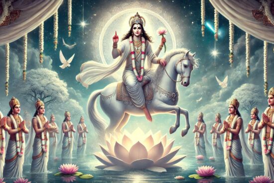 Lord Shiva majestically rides a white horse, surrounded by vibrant lotus flowers in a serene setting.