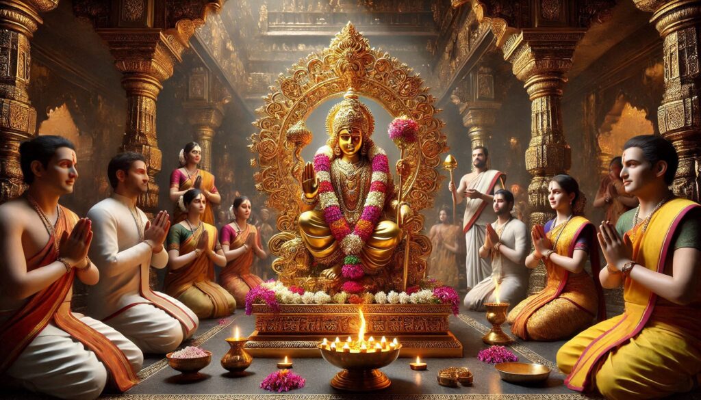 People in traditional attire praying before a golden deity statue in an ornate temple.