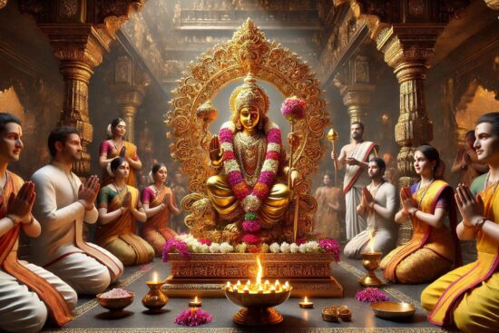 People in traditional attire praying before a golden deity statue in an ornate temple.