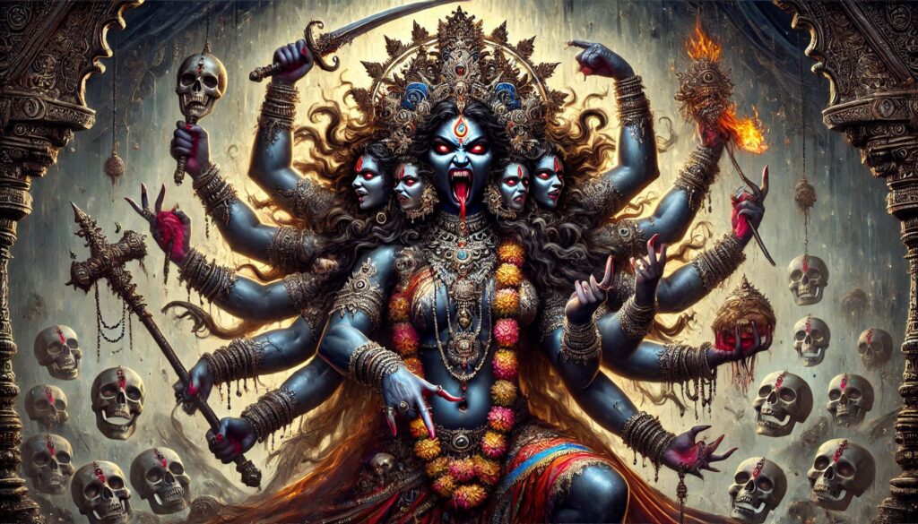 . The goddess of death stands majestically, encircled by an array of ominous skulls, symbolizing her dominion over mortality.