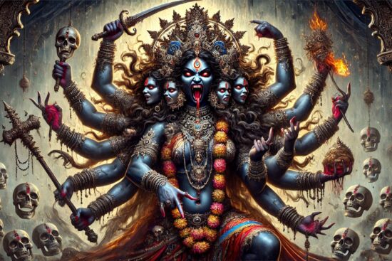 . The goddess of death stands majestically, encircled by an array of ominous skulls, symbolizing her dominion over mortality.