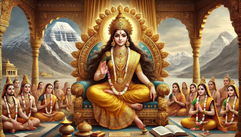 A figure in golden attire sits on a throne, surrounded by devotees against a backdrop of mountains and temples.