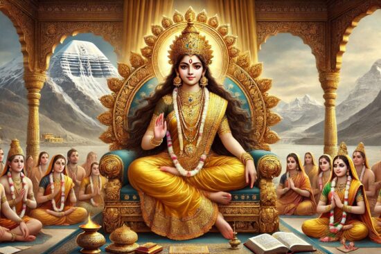 A figure in golden attire sits on a throne, surrounded by devotees against a backdrop of mountains and temples.