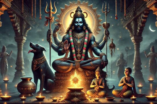 Artistic depiction of a mythological scene with figures in meditation, a dog, and ceremonial lamps.